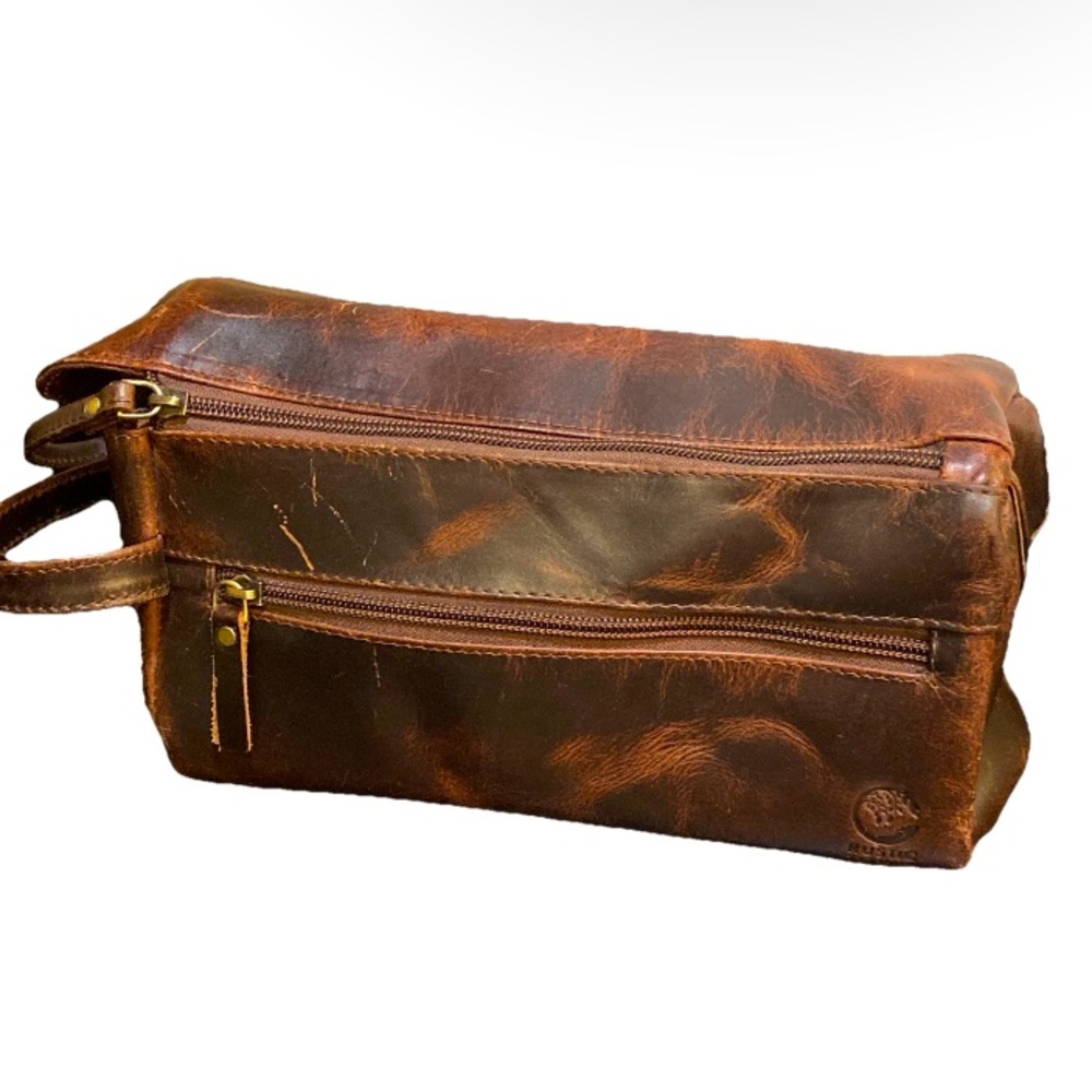 Rustic Town Brown Distressed Leather Toiletry Organizer Travel Bag Double Zip